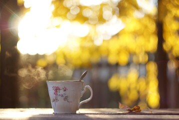 Cup of hot drink in the autumn garden at sunset