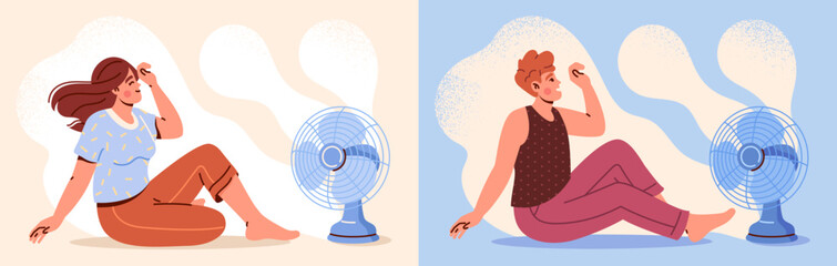 Cooling in hot weather concept. Set of happy man and woman sitting on floor in front of fan and enjoying cold wind waves. Characters chill in summer season. Cartoon flat vector illustration collection