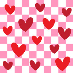 Cute Heart Valentine’s Love White Red Pink Color Confetti Flat Style Fabric Textile Check Checkered Seamless Pattern Background Summer Spring Greeting Card Vector Illustration