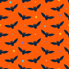 Cute Happy Halloween bat bats cartoon seamless pattern vector Orange background ghost star