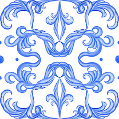 Majolica seamless pattern. Sicilian hand drawn blue ornament. Traditional blue and white ceramic tiles. Portuguese traditional azulejo pattern. Moroccan style..