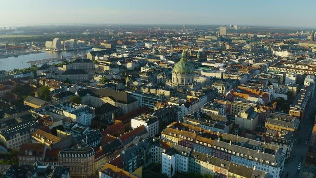 Aerial Pullback away from The Marble Church Reveals Copenhagen Cityscape