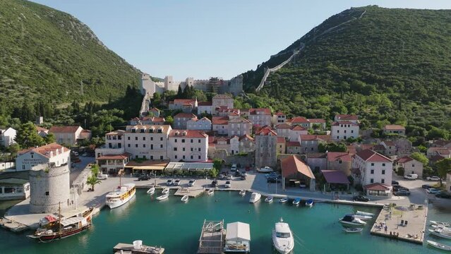 AERIAL Shot of the town of Ston in Croatia, Europe