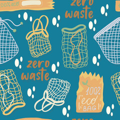 Mesh or mesh shopping bags for eco friendly living vector seamless pattern. Fashion buyer of the Vegan Zero Waste concept. Colorful hand drawn vector illustration for banner, postcard, poster. 