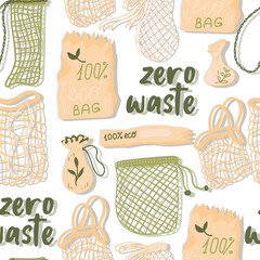 Mesh or mesh shopping bags for eco friendly living vector seamless pattern. Fashion buyer of the Vegan Zero Waste concept. Colorful hand drawn vector illustration for banner, postcard, poster. 