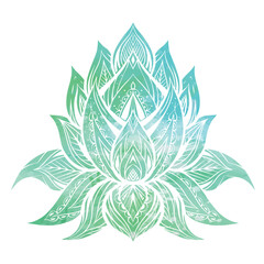 Obraz premium Vector watercolor sacred lotus illustration with boho ornament. Water lily with tribal decoration on turquoise background with splashes.