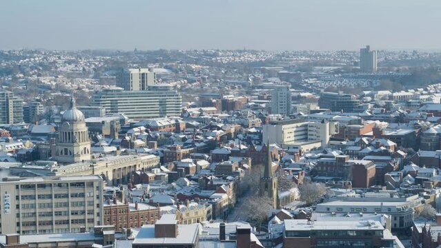 Aerial establishing shot of central Nottingham England featuring residential streets and buildings