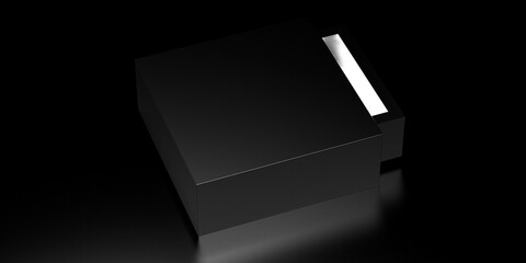 The black box opens and glows from the inside. Black box mockup, gift. 3D render.