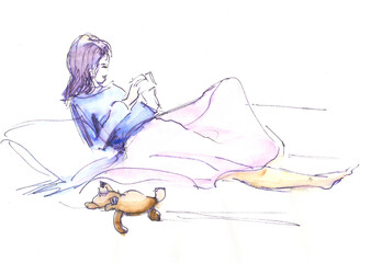 Obraz na płótnie Canvas instant sketch, girl and toy