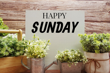 Happy Sunday text message with artificial plant decoration on wooden background