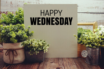 Happy Wednesday text message with artificial plant decoration on wooden background