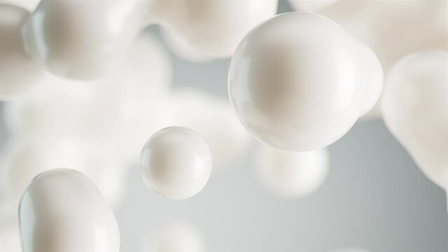 Satisfying slow motion video of tiny drops of white creamy fluid forming metaballs. 3d animation 4k