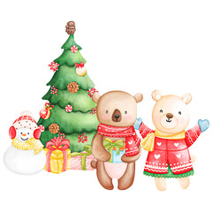 Cute Watercolor Christmas and winter animal in winter clothing with christmas tree, Digital paint watercolor illustration