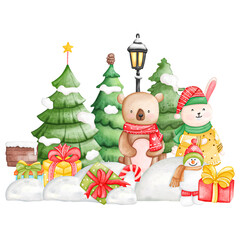 Cute Watercolor Christmas and winter animal in winter clothing with christmas tree, Digital paint watercolor illustration