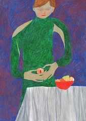 Keuken foto achterwand girl with peaches. watercolor painting. illustration.  © Anna Ismagilova