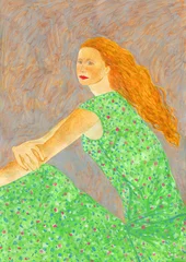 Tuinposter girl with green dress. watercolor painting. illustration.  © Anna Ismagilova