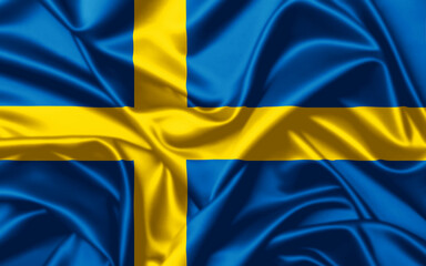 Sweden waving national flag close up satin texture background