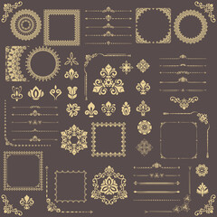 Vintage set of vector horizontal, square and round elements. Elements for backgrounds, frames and monograms. Classic patterns. Set of vintage btrown and golden patterns