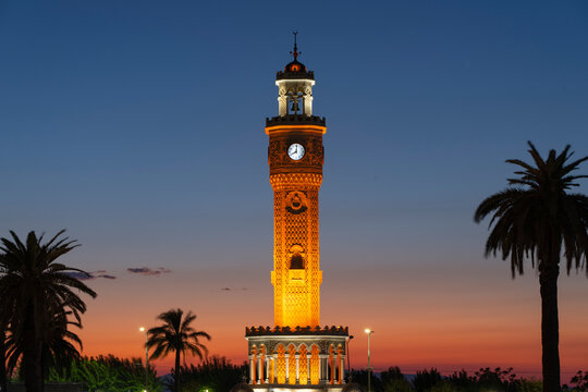 Izmir Clock Tower in the Sunset Lights, Konak City Center, Izmir Turkey