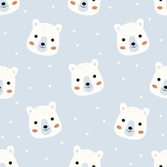 Cute polar bear seamless pattern. Cartoon bear on a blue background. Kids funny print. Baby design for fabric, packaging, texture. Boho style.