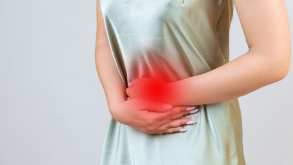 Menstrual pain, woman with stomachache suffering from pms , endometriosis, cystitis and other...