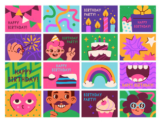 Happy birthday poster set. Colorful greeting covers with garland, confetti, cake, candles and gifts. Abstract design elements for postcards. Cartoon flat vector collection isolated on white background