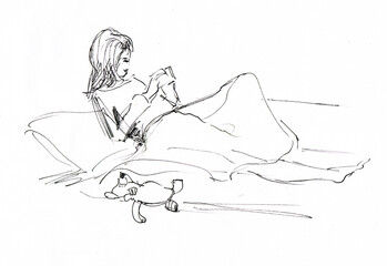 instant sketch, girl in bed with toy