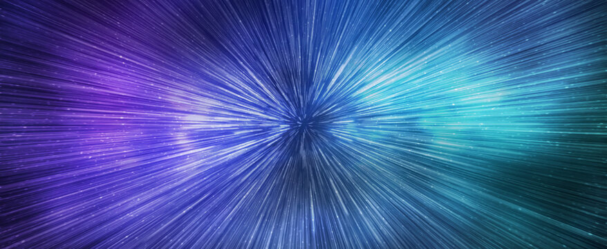 Hyperspace speed effect in night starry sky. Bright blue galaxy, horizontal banner