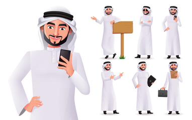 Arab business man vector character set. Arabian male characters collection standing and holding business elements isolated in white background. Vector illustration.
