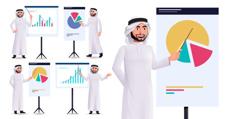 Obraz na płótnie Canvas Arab man presentation vector character set. Arabian professional male characters showing and pointing business graph element for emirati corporate collection design. Vector illustration. 