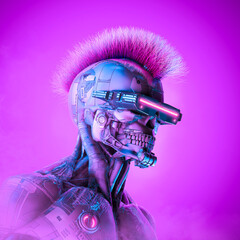Cyberpunk robot criminal hacker - 3D illustration of science fiction skull faced cyborg with mohawk hair - 530226988