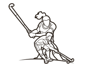 Group of Field Hockey Sport Man and Woman Players Action Cartoon Graphic Vector