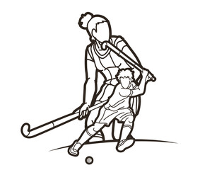 Obraz premium Group of Field Hockey Sport Man and Woman Players Action Cartoon Graphic Vector