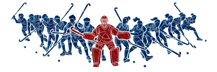 Group of Field Hockey Sport Man and Woman Players Action Cartoon Graphic Vector