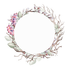 Wreath of winter plants watercolor illustration isolated on white