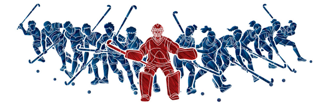 Group of Field Hockey Sport Man and Woman Players Action Cartoon Graphic Vector