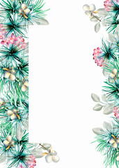 Board of coniferous branch, needles, berries watercolor illustration isolated on white.