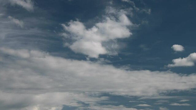 Timelapse of cumulus clouds moving in the blue sky. Light clouds change their shape in cloud space. 