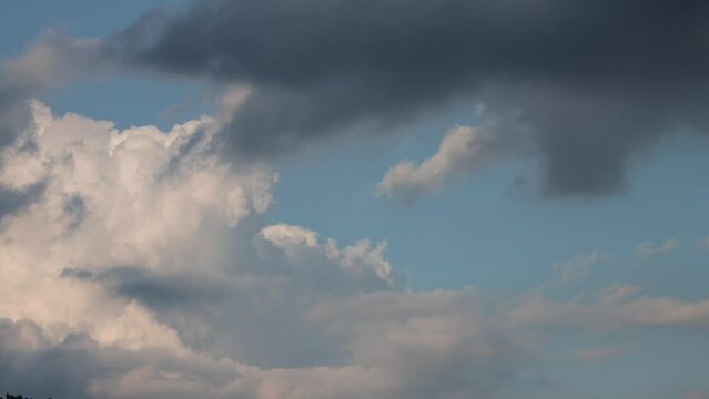 Timelapse of cumulus clouds moving in the blue sky. Light clouds change their shape in cloud space. 