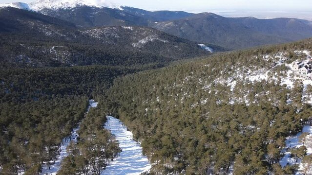 Imposing view of the Guadarrama mountain range area in Madrid, Spain, with a beautiful snowy forest. Winter time at Navacerrada ski station
