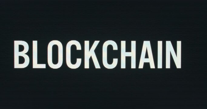 Closeup of Blockchain being Typed onto Vintage Computer Monitor with Blinking Cursor. Digital Words Intro CRT LCD TV Screen Pixels Macro Detail 4K