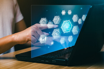 Real estate concept. Businessman using tablet for selling real estate Choose, buy and sell homes online. realtor agency contractor. new home for the family, home search, property tax