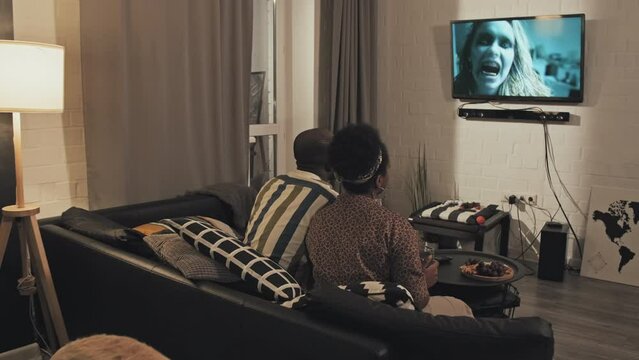 Rear view of romantic couple sitting on couch in living room, watching movie about zombies at night, drinking wine