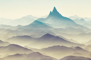 Beautiful mountain landscape. Panorama of silhouettes of mountains in the fog. Color flat illustration for backgrounds, wallpapers, photo wallpapers, murals, posters.
