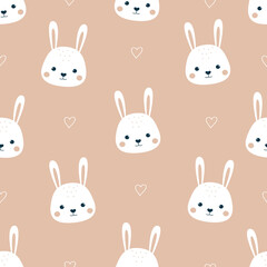 Cute bunny seamless pattern. Cartoon rabbit and heart on pink background. Funny kids print. Baby design in Boho style. Wall art of the nursery. Ideal for fabric, packaging, baby shower.