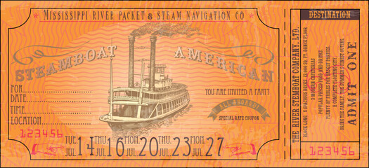 vector image of an old vintage misissippi steamboat ticket - obrazy, fototapety, plakaty