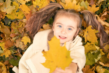 Naklejka na ściany i meble portrait smiling happy little girl lying on grass in nature in autumn with yellow maple leaves