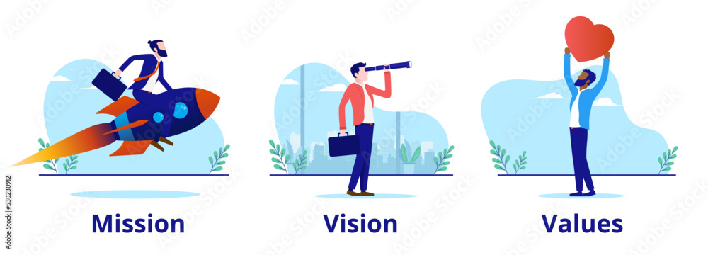 Aufkleber business mission vision and values - set of vector illustrations with businesspeople and organisatio