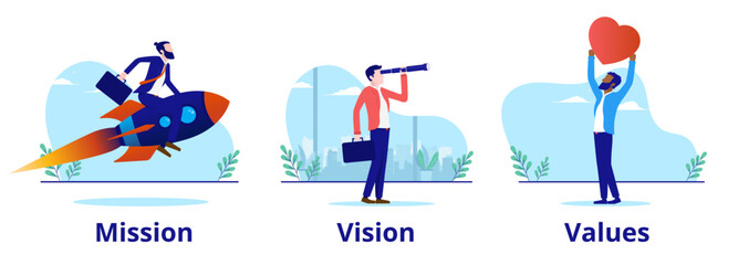 Fototapeta Business mission vision and values - Set of vector illustrations with businesspeople and organisation statement words. Flat design with white background obraz