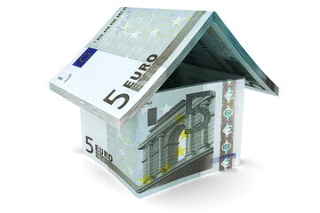 Haus-Symbol geform aus 5-Euro-Scheinen